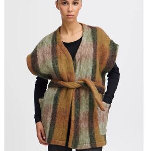ICHI Waistcoat Sweater Vest Cardigan Plaid Wool Blend Belted Size M/L